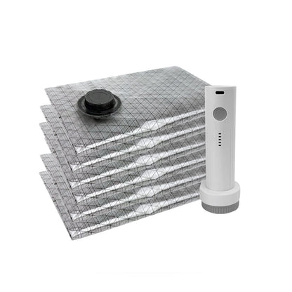 Cordless white vacuum pump with five gray travel vacuum storage bags