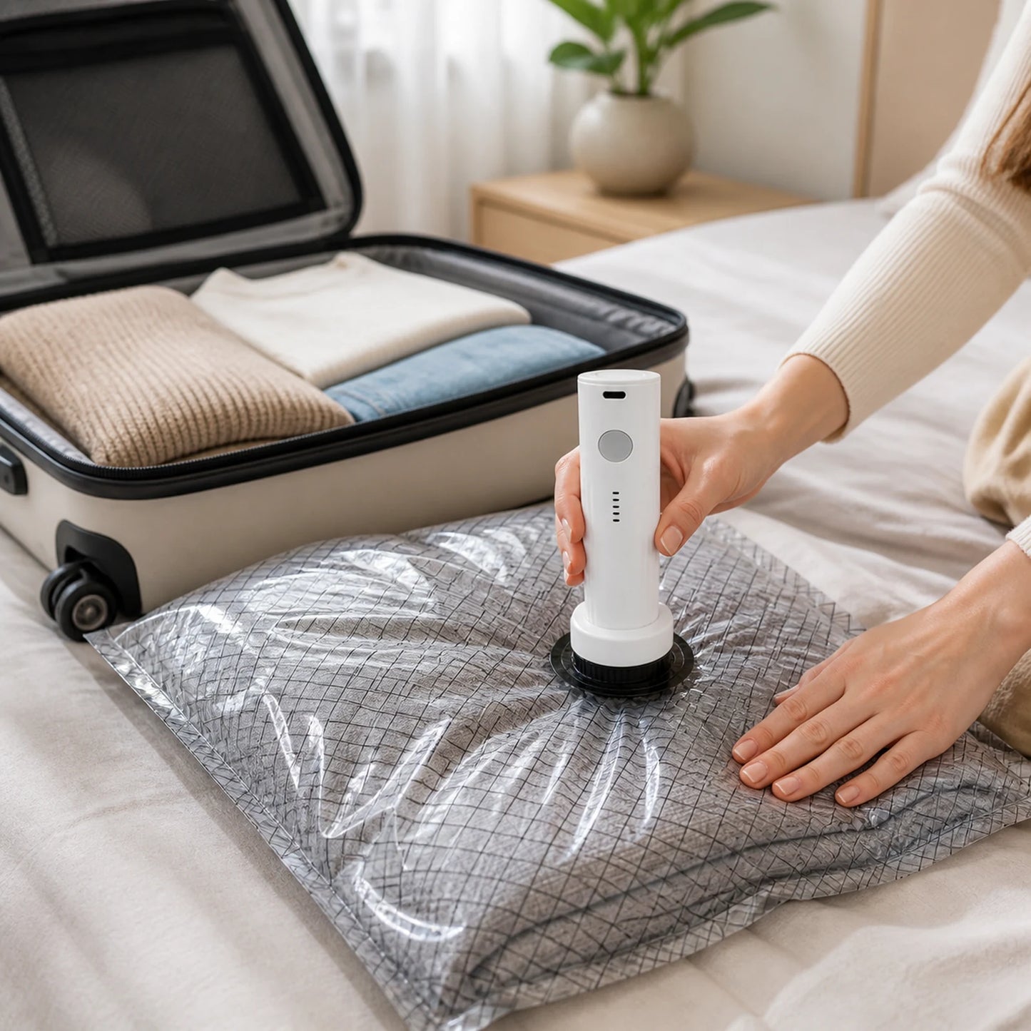 Cordless vacuum pump compressing a travel storage bag beside an open suitcase