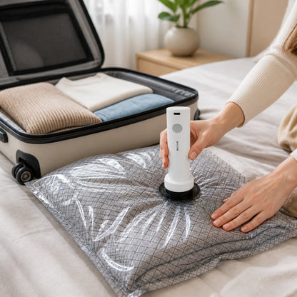 Cordless vacuum pump compressing a travel storage bag beside an open suitcase