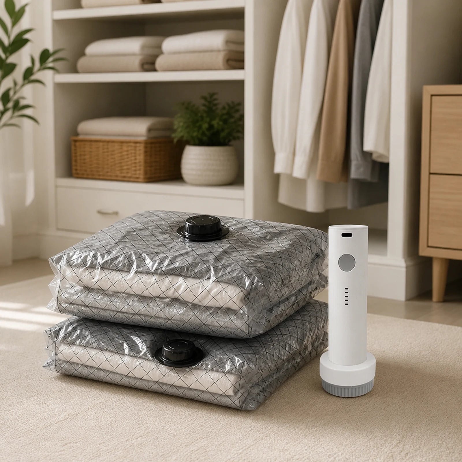 Compressed bedding in gray vacuum storage bags with cordless white pump
