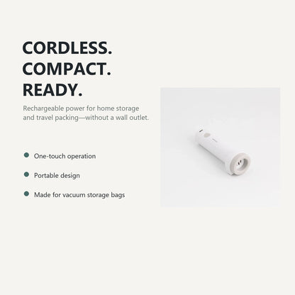Rechargeable cordless vacuum pump for home and travel storage