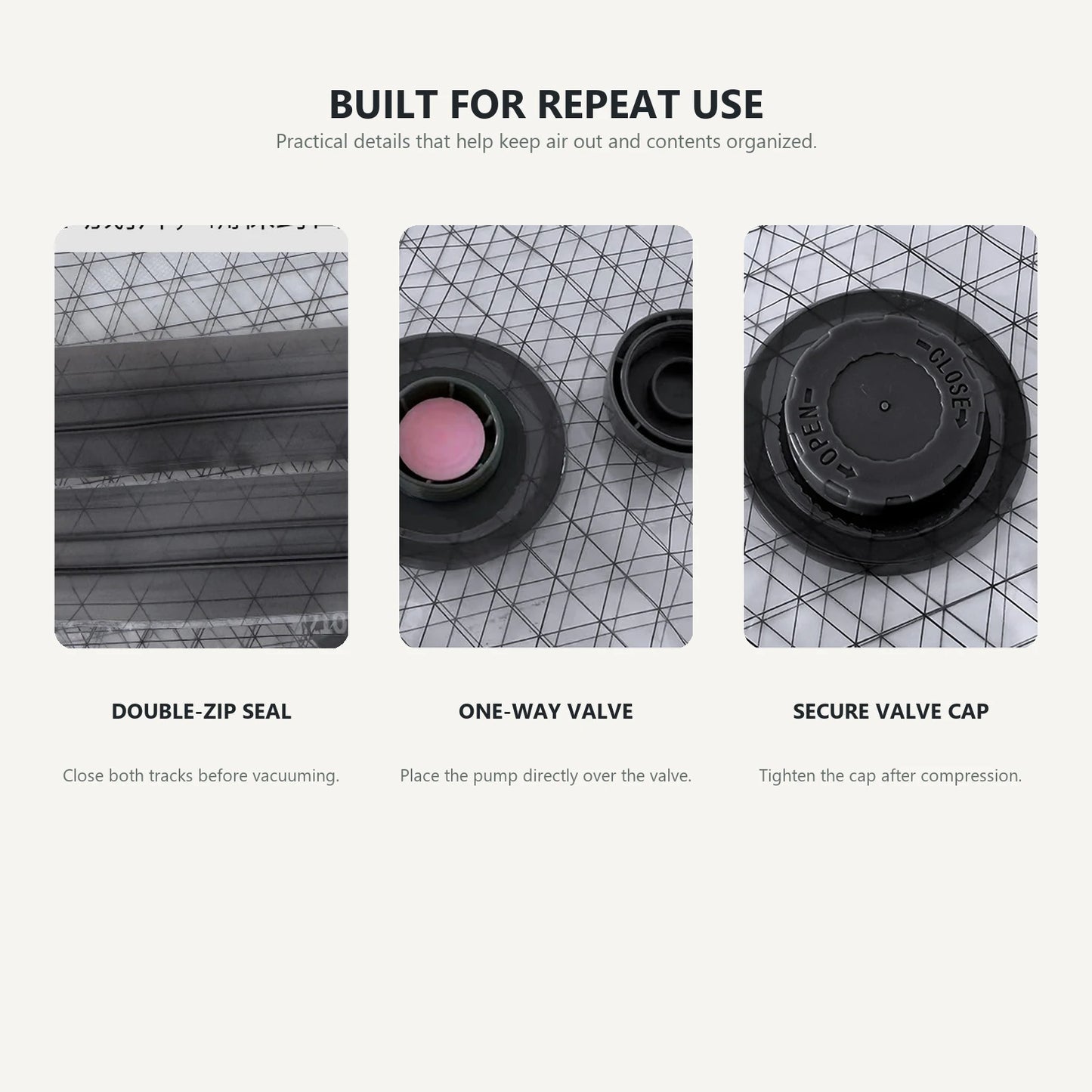 Close-up details of double zipper, one-way valve, and secure valve cap