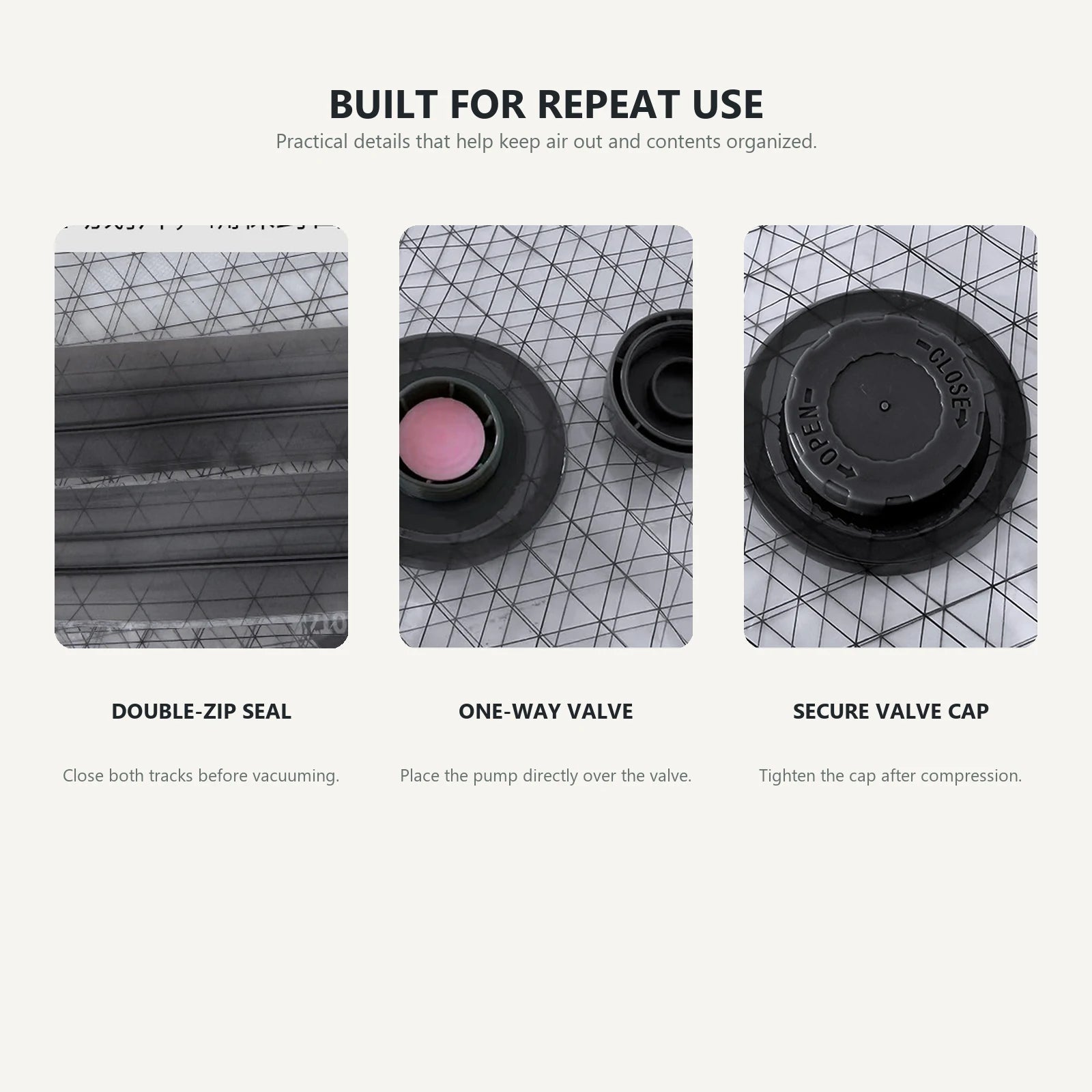 Close-up details of double zipper, one-way valve, and secure valve cap