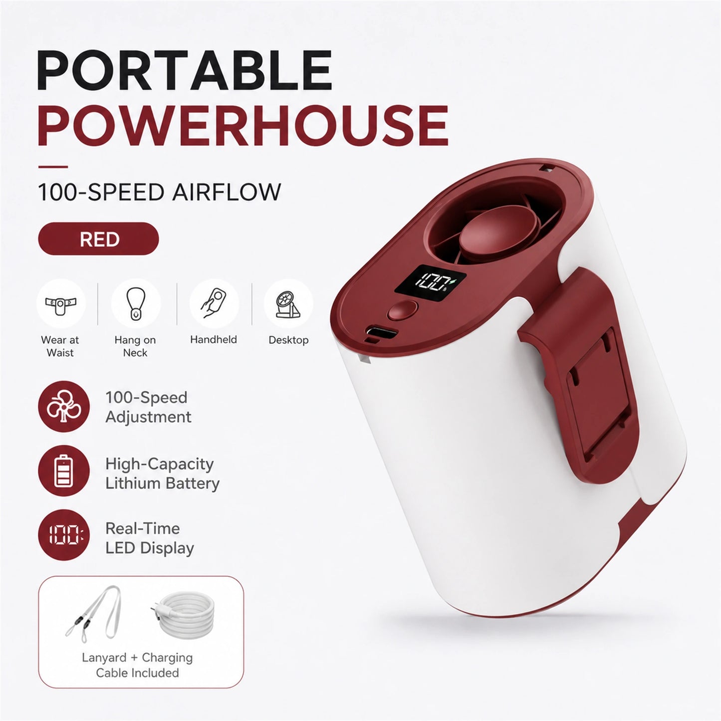 4-in-1 Rechargeable Waist Fan with 100-Speed Control