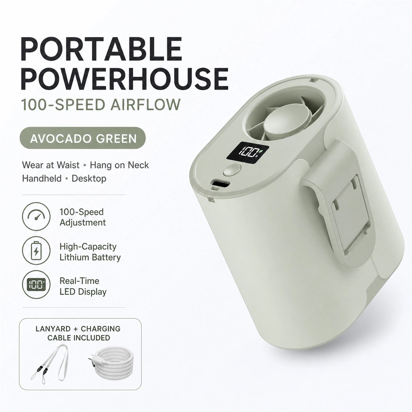 4-in-1 Rechargeable Waist Fan with 100-Speed Control