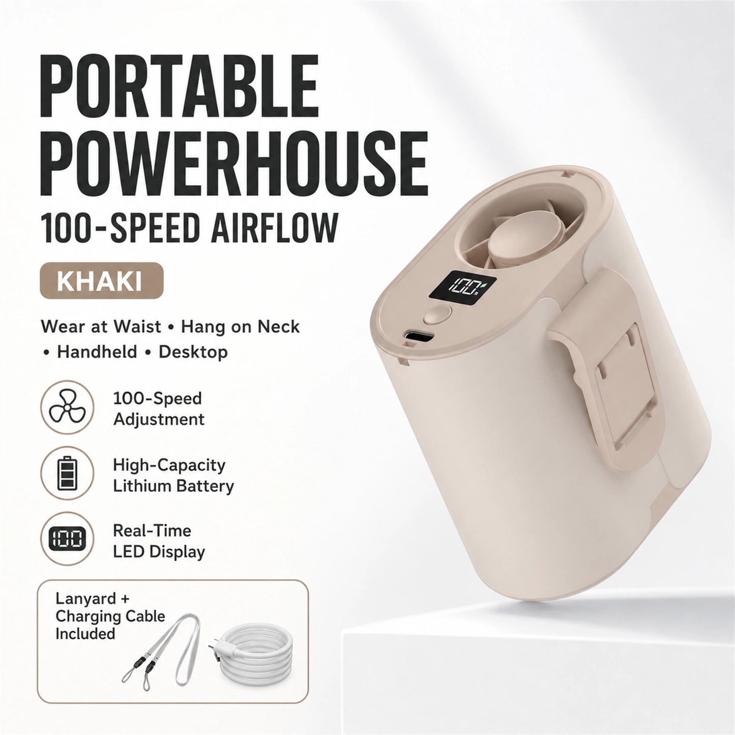 4-in-1 Rechargeable Waist Fan with 100-Speed Control