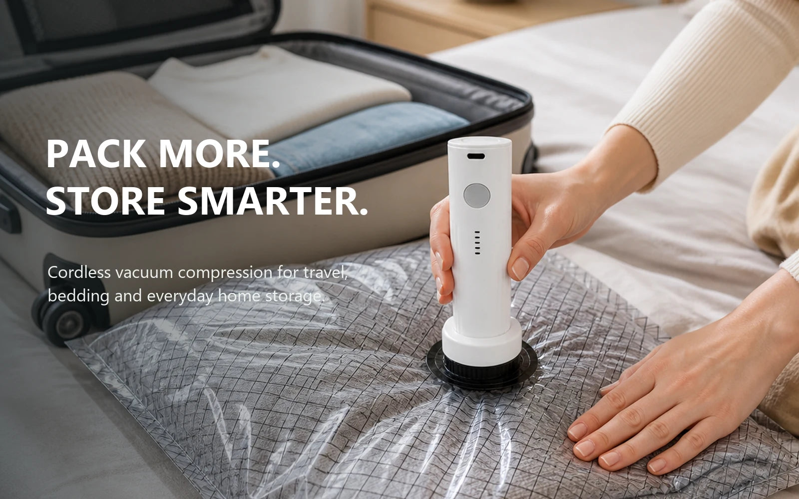 Cordless vacuum storage pump compressing a travel bag beside an open suitcase