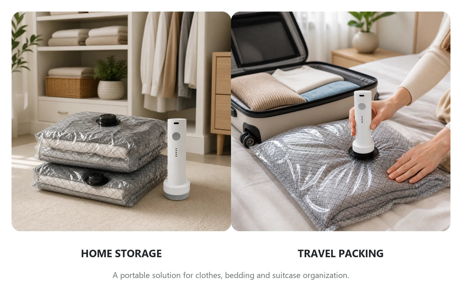 Vacuum storage bags and cordless pump for home storage and travel packing